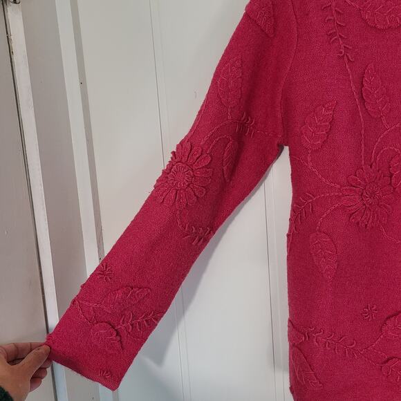 Talbots Petite wool cardigan womens SP Pink Boiled wool floral appliqué Button - Picture 8 of 10